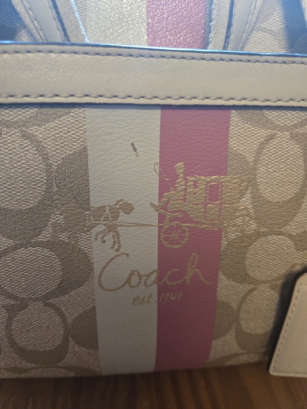 Vintage Coach Heritage Signature Stripe Satchel Bag in Beige, Pink & White - Picture 14 of 16